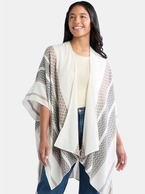 Women's Ruana with Stripes, Beige/Medium Tan.